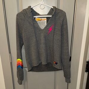 NWT RARE AVIATOR NATION Charcoal Hoodie with Neon Rainbow Sleeve and Pink Bolts!